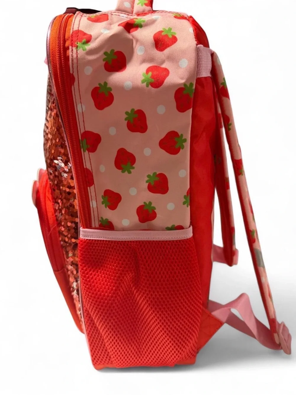 Girls Pink & Red Strawberry Sequin Character Backpack. 16in H 12in W